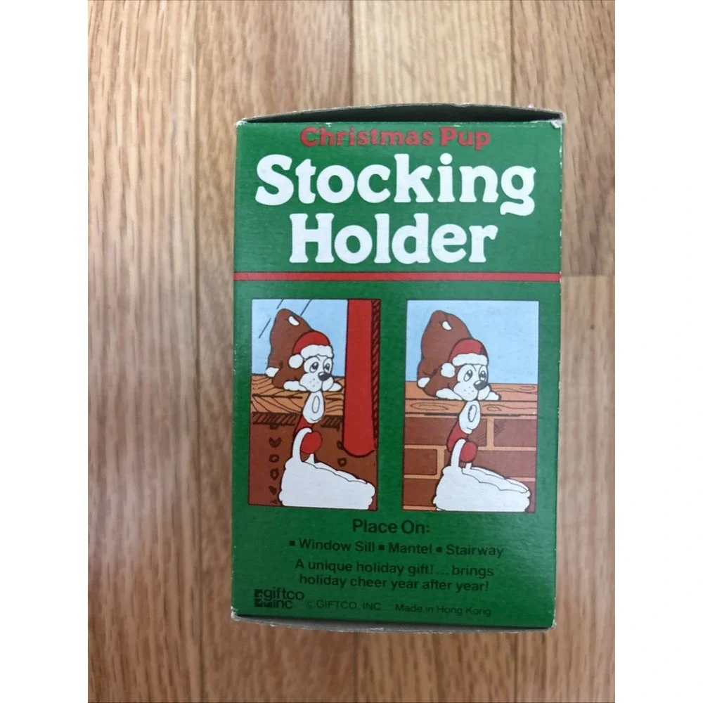 Vintage Giftco Christmas Pup Stocking Holder Puppy Santa Hat Mantel Decor Boxed